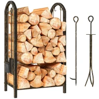 Outsunny Porte-bûches intérieur 43 x 30 x 74cm 2 Ebenen Brennholzregal mit 4 Kaminwerkzeug, Haken(m-6)