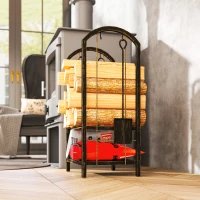 Outsunny Porte-bûches intérieur 43 x 30 x 74cm 2 Ebenen Brennholzregal mit 4 Kaminwerkzeug, Haken(m-4)