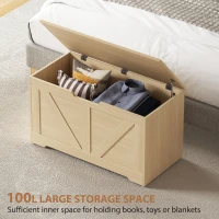 HOMCOM 100L Home Storage Box, with Safety Hinges - Natural Wood Finish(m-4)