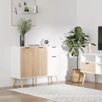 HOMCOM Aparador Móvel Auxiliar de Armazenamento com 2 Armários de Porta Gaveta Pés de Madeira para Sala de Estar Cozinha Dormitório 90x30x72cm Natural e Branco(m-10)