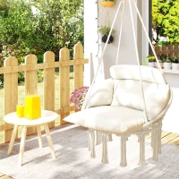 Outsunny Chaise suspendue avec grand coussin rembourré hamac fauteuil suspendu à franges kit de suspension 80 x 60 x 40 cm crème(m-9)