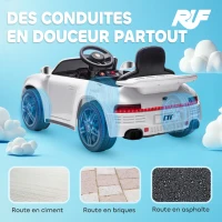 AIYAPLAY Voiture électrique enfants, véhicule électrique 12V, télécommande 2,4G, phares, musique, klaxon, 103 x 55 x 44 cm, blanc(m-6)
