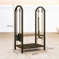 Outsunny Porte-bûches intérieur 43 x 30 x 74cm 2 Ebenen Brennholzregal mit 4 Kaminwerkzeug, Haken(m-3)