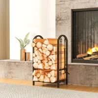 Outsunny Porte-bûches intérieur 43 x 30 x 74cm 2 Ebenen Brennholzregal mit 4 Kaminwerkzeug, Haken(m-2)