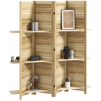 HOMCOM Paravento interno in legno a 4 pannelli, pieghevole con 3 ripiani, 160 x 170 cm, Legno naturale(m-7)