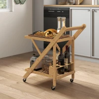 HOMCOM Carrello da Cucina Portavivande Pieghevole a 2 Livelli con Portabottiglie in Legno di Bambù(m-2)
