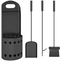 Outsunny Set de herramientas para chimenea 4 piezas, accesorio herramientas chimenea con escoba pala atizador y soporte, en metal negro(m-6)