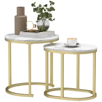 HOMCOM Set 2 Tavolini da Caffè con Piano Effetto Marmo, in Legno e Acciaio, Ø50x50.5 cm e 60x36x43.5 cm, Bianco(m-10)