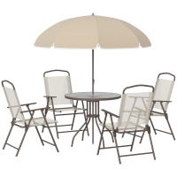 Outsunny 6 pz Set Mobili da Giardino in Tubi d'Acciaio,   Tavolo da Giardino con Sedie e Ombrellone, Crema