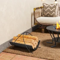 Outsunny Estantería de Leña para interiores 51 x 38 x 33cm, estante de leña geométrico con asa de metal, Negro(m-4)