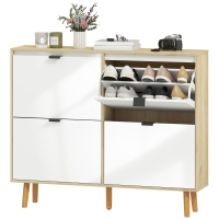 HOMCOM Meuble à chaussures, armoire à chaussures étroite, 4 tiroirs rabattables, porte haute brillante, 105x24x92,5cm, blanc