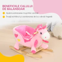 HOMCOM Cal Balansoar, Unicorn Balansoar din Pluș cu Bază din Lemn și Centură de Siguranță pentru Copii, 65x35x45 cm, Roz(m-6)