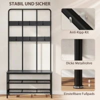 HOMCOM 3-in-1 Garderobenständer, Kleiderhaken, Sitzbank, Schuhregal, Metall, Spanplatte, Schwarz(m-8)