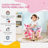 HOMCOM Cal Balansoar, Unicorn Balansoar din Pluș cu Bază din Lemn și Centură de Siguranță pentru Copii, 65x35x45 cm, Roz(m-5)