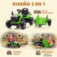 AIYAPLAY Tractor Eléctrico para Niños con Remolque Desmontable Batería 12V Velocidad 3-5 km/h, Control Remoto 2,4G Verde(m-5)