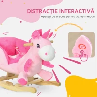 HOMCOM Cal Balansoar, Unicorn Balansoar din Pluș cu Bază din Lemn și Centură de Siguranță pentru Copii, 65x35x45 cm, Roz(m-4)