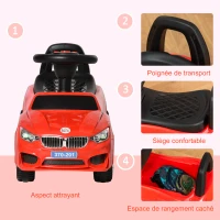 HOMCOM Porteur enfants voiture, véhicule à pousser avec coffre à jouets, klaxon, phares et musique, 63,5 x 28 x 36 cm, rouge(m-7)