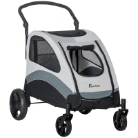 PawHut Carrito para Perros con Ventanas Bolsillo de Almacenaje Correas de Seguridad y 2 Ruedas Universales 107x67x102 cm Gris(m-1)
