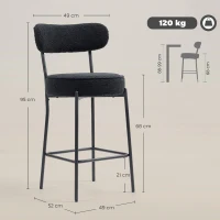 HOMCOM Set di 2 sgabelli da bar in tessuto bouclé, con schienale curvo, poggiapiedi, 49x52x95cm, Nero(m-3)