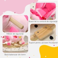 HOMCOM Cal Balansoar, Unicorn Balansoar din Pluș cu Bază din Lemn și Centură de Siguranță pentru Copii, 65x35x45 cm, Roz(m-7)
