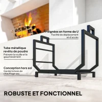 Outsunny Range-bûches porte buche avec sac de transport et poignées pour intérieure, en métal robuste, 53 x 33 x 43 cm, noir(m-6)