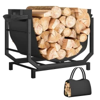 Outsunny Range-bûches porte buche avec sac de transport et poignées pour intérieure, en métal robuste, 53 x 33 x 43 cm, noir(m-10)