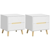 HOMCOM Comodino Moderno con 2 Cassetti, Set 2 Pezzi in Truciolato e Gambe in Legno di Pino, 50Lx40Px50.5A cm, Bianco(m-1)