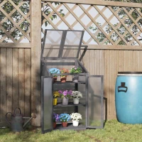 Outsunny Mini-Kas, Kleine Kas met Houten Frame, Ramen en Dubbele Deur, 3 Planken, 70L x 50B x 120H cm, Grijs(m-10)