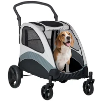 PawHut Carrito para Perros con Ventanas Bolsillo de Almacenaje Correas de Seguridad y 2 Ruedas Universales 107x67x102 cm Gris(m-10)