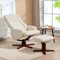 HOMCOM Rocking Recliner Chair with Footstool, PU Leather Recliner Armchair with Wood Base, Upholstered Reclining Chair for Living Room Bedroom, Cream(m-2)