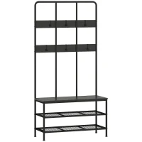 HOMCOM 3-in-1 Garderobenständer, Kleiderhaken, Sitzbank, Schuhregal, Metall, Spanplatte, Schwarz(m-1)