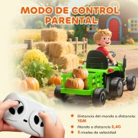 AIYAPLAY Tractor Eléctrico para Niños con Remolque Desmontable Batería 12V Velocidad 3-5 km/h, Control Remoto 2,4G Verde(m-6)