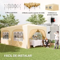 Outsunny Tenda Dobrável 3x6 m com Painéis Laterais UPF50+ Tenda de Jardim com Altura Ajustável e Bolsa de Transporte Areia(m-4)