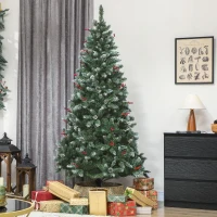 HOMCOM Weihnachtsbaum 210 cm hoch für den Innenbereich mit 928 Zweigen, Kiefernzapfen und Roten Beeren, Metallständer, Grün(m-2)