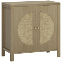 HOMCOM Aparador de Cocina con 2 Puertas de Ratán Estante Ajustable y 2 Tiradores 75x38x77 cm Madera Natural(m-1)