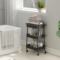HOMCOM 3-Tier Kitchen Storage Trolley with on Wheels Cover Top Board - Rustic Brown and Black(m-9)