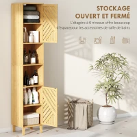 HOMCOM Armoire salle de bain, meuble de rangement colonne, portes en bambou, étagères réglables, 32x30x170cm, bois naturel(m-4)