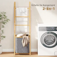 HOMCOM Porte-serviettes bambou avec panier à linge, échelle porte-serviettes avec 1 panier à linge, 43 x 35 x 133 cm, gris(m-4)