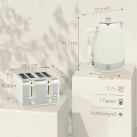 HOMCOM Set de Hervidor y Tostadora, 1,7 L, 2200W, Termostato Strix, Filtro, Tostadora de 4 Ranuras, 7 Niveles de Tostado, Bandeja de Migas(m-3)