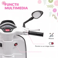 AIYAPLAY Motocicletă Electrică pentru Copii, Motocicletă cu Muzică, Două Motoare, Far, MP3, USB, Radio FM și 2 Roți de Antrenament, 107x47x73 cm, Alb(m-5)