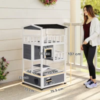 PawHut Wooden Cat House Den 3-Tier Outdoor Kitten Shelter Lodge w/ Tilted Roof Terrace Jump Step Bottom Tray Elevated Base Waterproof Paint 140 x 78 x 76cm Grey(m-3)