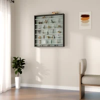 HOMCOM Wandregal mit 6 Verstellbaren Regalen aus Holz mit Glastüren, 80x9.5x83 cm, Weiß und Schwarz(m-4)