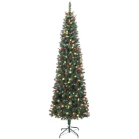 HOMCOM Künstlicher Schlanker Weihnachtsbaum 230 cm mit LED-Lichtern 8 Beleuchtungsmodi 761 Zweige Zapfen Beeren und Metallständer Grün(m-1)