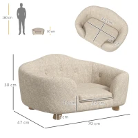 PawHut Canapea pentru animale de companie, Pat pentru câini, Canapea pentru câini, Canapea pentru pisici cu pernă și buzunar posterior, Pluș, Spumă, Lemn de pin, Crem, 70 x 47 x 30 cm(m-3)