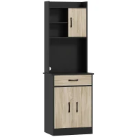 HOMCOM Mobile Dispensa in Legno con Cassetto, 2 Ripiani Aperti e Armadietti, 60x40x180 cm, Nero e color Legno(m-1)