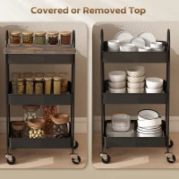 HOMCOM 3-Tier Kitchen Storage Trolley with on Wheels Cover Top Board - Rustic Brown and Black(m-5)