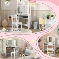 AIYAPLAY Set de Machiaj pentru Fetițe de 3-6 ani cu Oglindă Triplă Detașabilă și Scaun din Lemn, 80x49x108 cm, Alb(m-7)