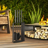 Outsunny Ensemble serviteur de cheminée 5 pièces métal avec balai, pelle, tisonnier, paire de pinces et support 28x13x59,5cm noir(m-8)