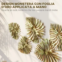 HOMCOM Wall Art a 5 Foglie di Monstera in Metallo Dorato con Accessori per Montaggio Inclusi, 83x2.5x39 cm(m-4)