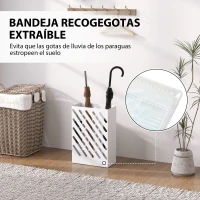 HOMCOM Paragüero de Acero Galvanizado Soporte de Paraguas Estrecho con Bandeja de Goteo Extraíble 4 Ganchos 28x14x41 cm Blanco(m-4)